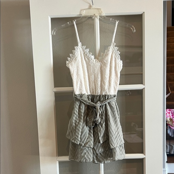 SHEIN Pants - SHEIN White and Sage Green Lace Trim Romper